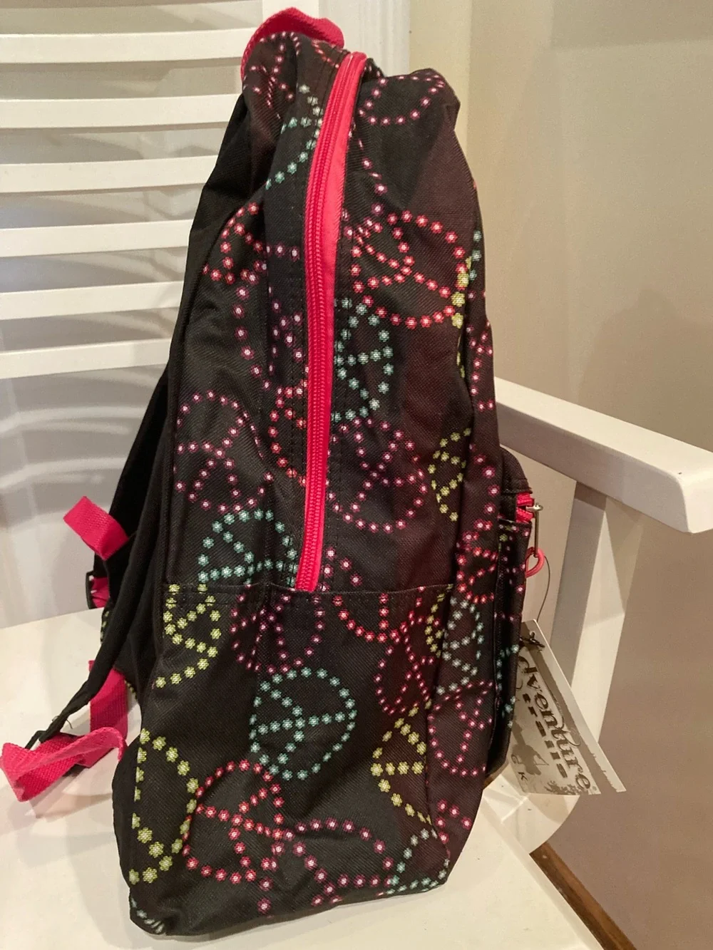 Black Peace Sign Floral Print Backpack with Pink Accents